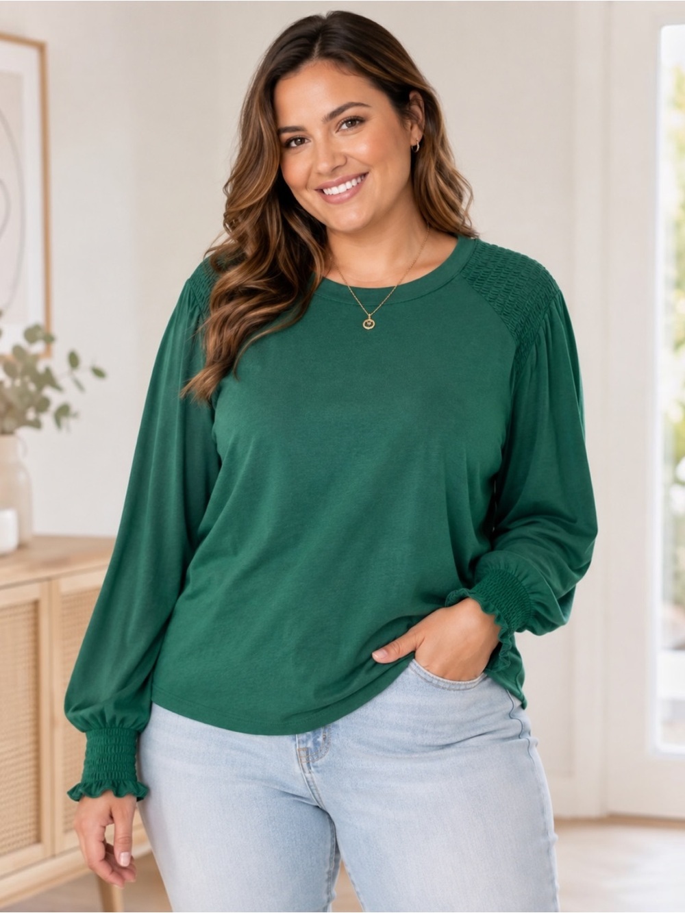 LC Lauren Conrad 1X Woodland Green Smocked Puff Sleeve Cotton Modal Top
